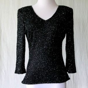 Vintage Laurence Kazar Glass Beaded Stretch Mesh Top small